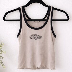 PacSun Beige Ribbed Tank with Black Trim and Car Graphic